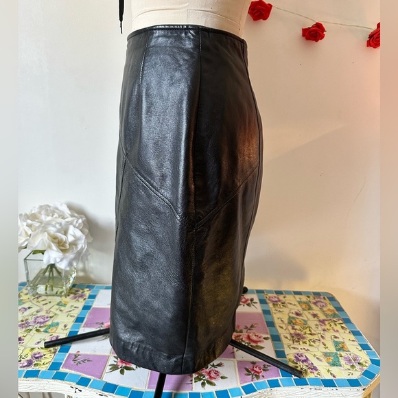 Vintage Ed Battah Elegant Black Buttery Leather Black Skirt M L 10 - Picture 7 of 10